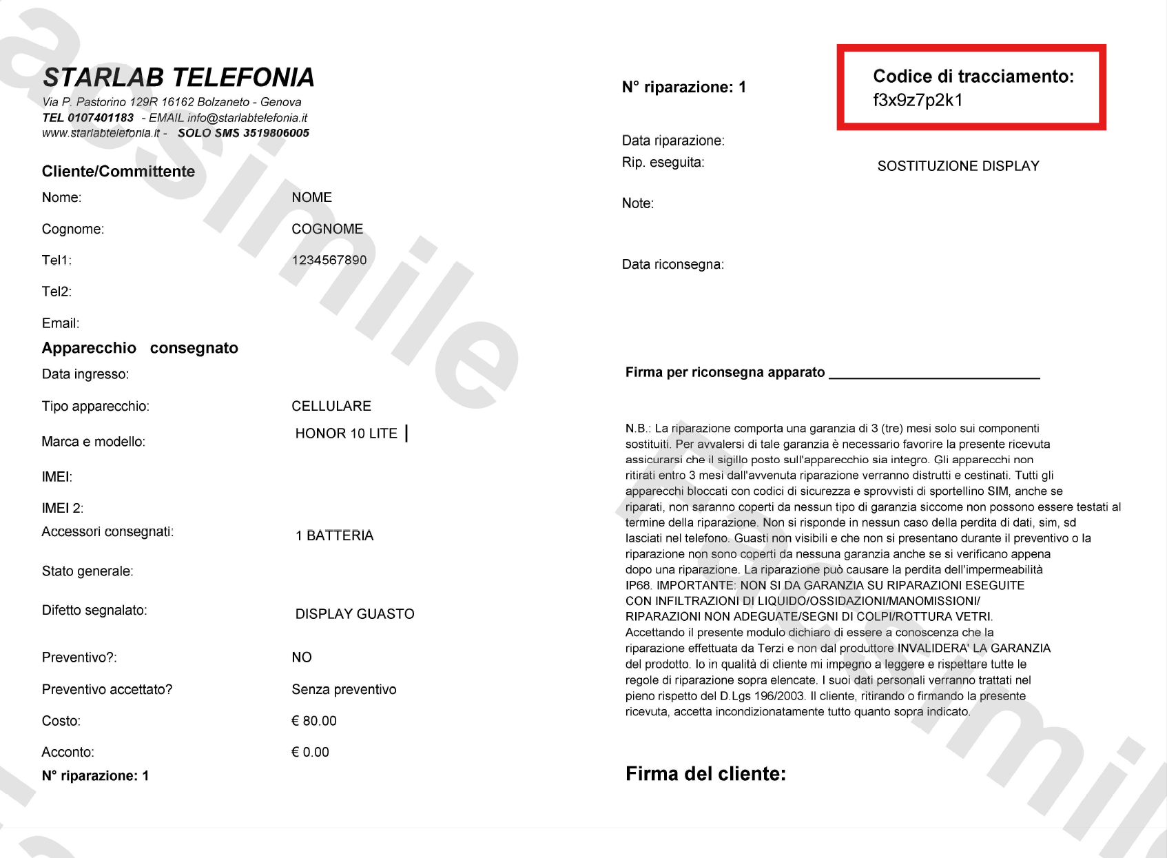 Esempio ricevuta con codice di tracciamento